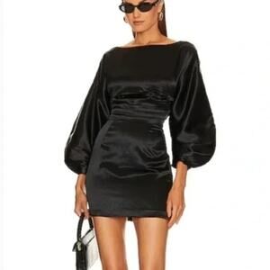 h:ours Black Satin Mini Dress with Balloon Sleeves